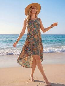 Sylviya 女士休闲佩斯利印花圆领无袖度假连衣裙 - 藍色 - 查看 5