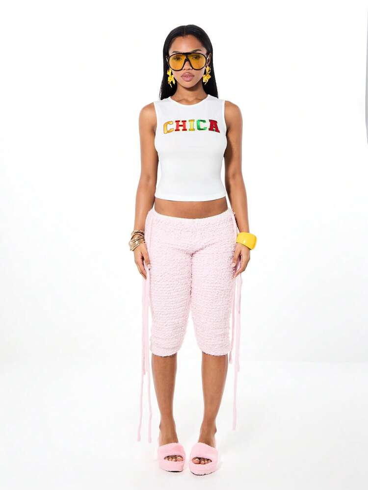 SUMWON Women Cropped Embroidered Graphic Tank Top With Colorful Letters Sleeveless Round Neck Cotton Blend Summer Festival Casual Top