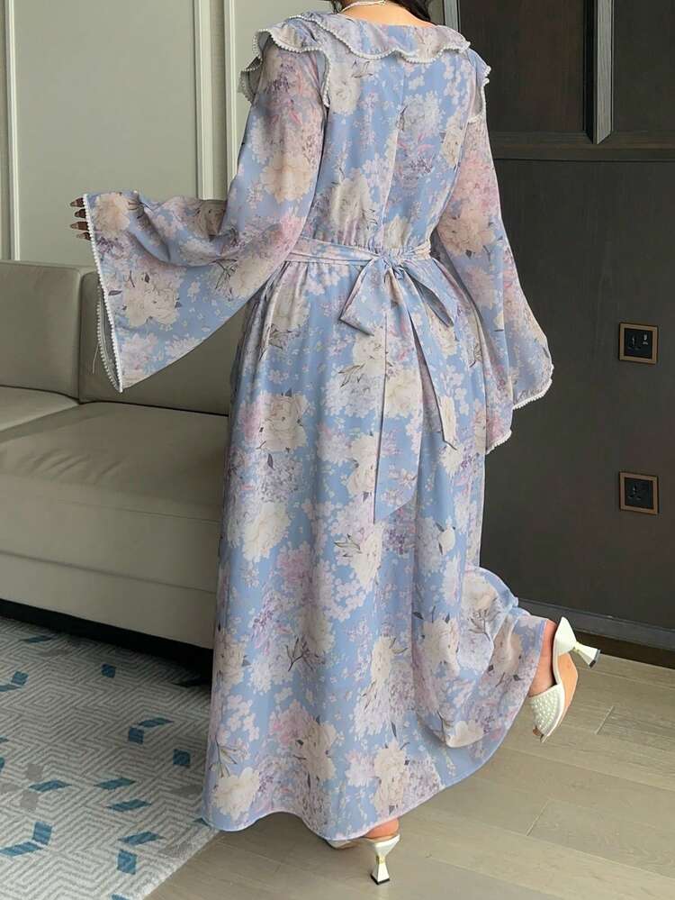 Dazy Plus Plus Size Women Floral Print Patchwork Ruffle Trim Tie Front Flare Sleeve Elegant Dress Boho Sun Dresses For Women