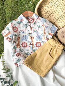 SHEIN Vintaside Kids 2件套男婴夏季新款可爱动物印花POLO领短袖开衫衬衫和直筒黄色短裤套装，带口袋，休闲时尚 - 彩色 - 查看 4