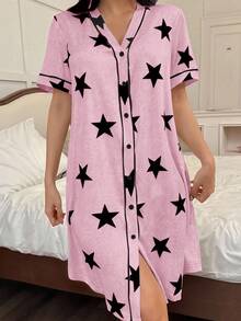 SHEIN American Casual Star Print V-Neck Short Sleeve Women Nightgown Womens Pj Sets Sleep Wear Women Pink Sleepwear Women Lounge Wear Sets Pajama Sets For Women Pink - Pink - View 6