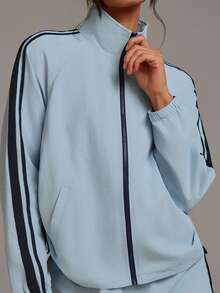 Athîral 女士侧条纹插肩袖休闲运动夹克 - 藍色 - 查看 5