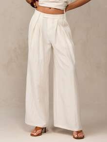 SHEIN BAE 米色和杏色亚麻低腰褶裥阔腿裤，适合意大利度假、法国南部度假、休闲裤、沙滩裤、邮轮裤、复古风格、早午餐裤，春夏皆宜。 - 杏色 - 查看 3