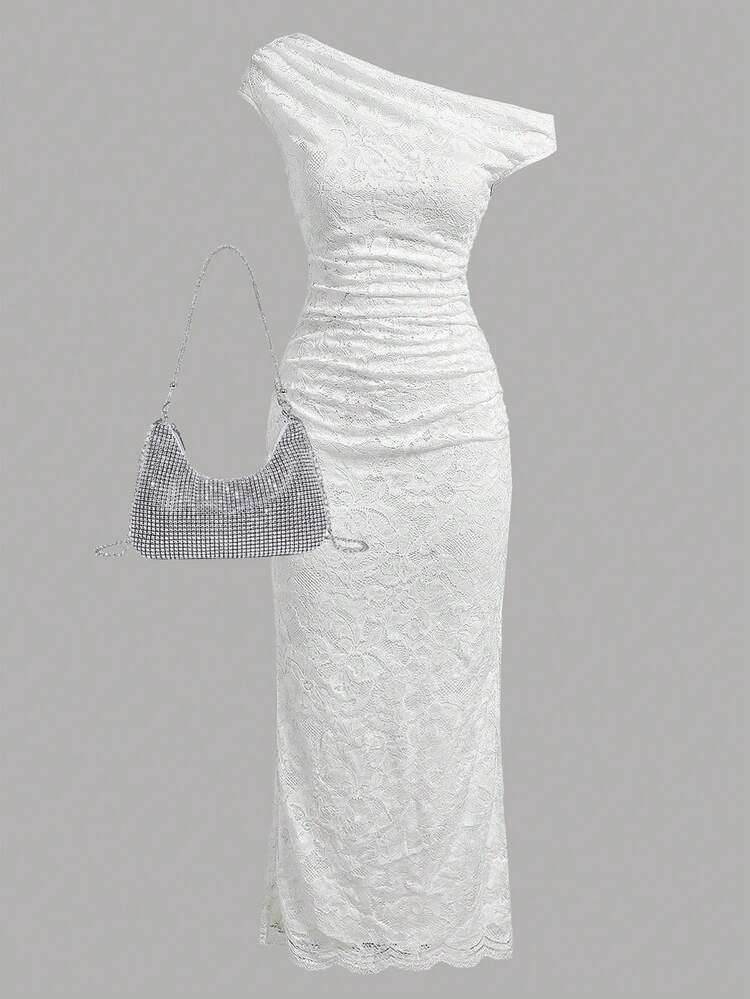 SHEIN Girlism 少女时尚蕾丝双层面料优雅修身连衣裙 - 白色 - 查看 3