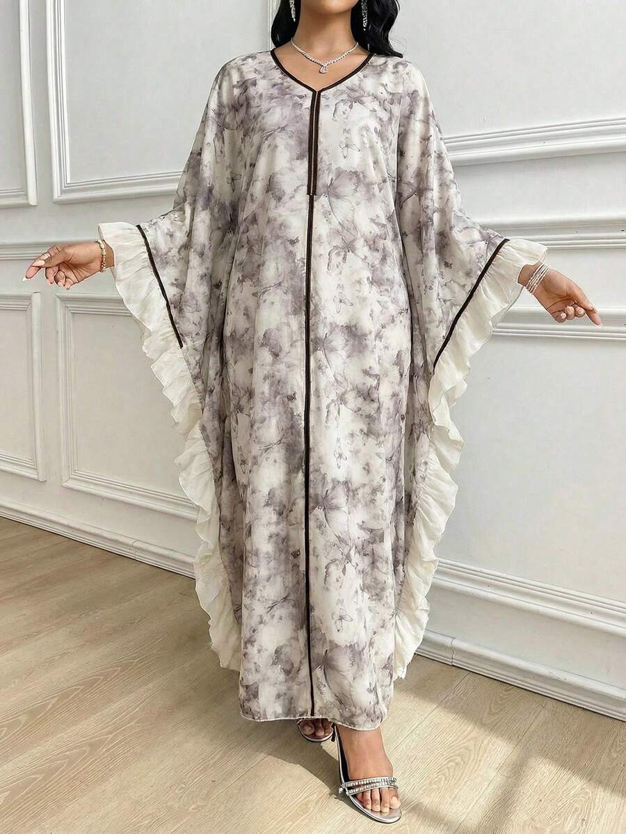 Yasmyna Vestido estampado con volantes en el bajo, estilo árabe, para mujer - Multicolor - Ver 1