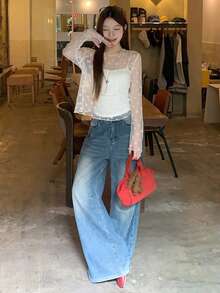 DAZY Women's Floral Lace Long Sleeve Top - White - View 6