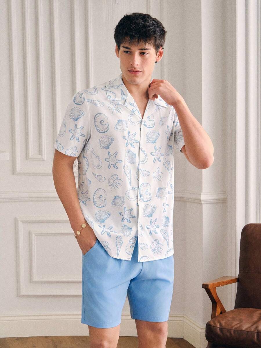 SWAVVY Men's Fashionable Printed Short Sleeve Shirt Set, Spring/Summer - Blue - View 1