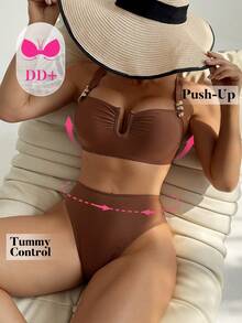 Voyashape Bộ bikini thời trang gợi cảm mới màu nâu ánh kim với điểm nhấn kim loại dành cho nữ, thích hợp cho kỳ nghỉ. - màu nâu - Xem 1