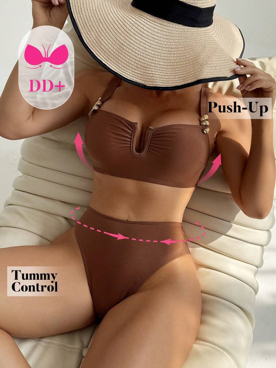 Voyashape Bộ bikini thời trang gợi cảm mới màu nâu ánh kim với điểm nhấn kim loại dành cho nữ, thích hợp cho kỳ nghỉ. - màu nâu - Xem 1