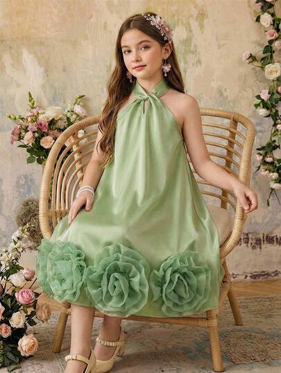 SHEIN Tween Girl Solid Color Sleeveless Casual Shift Dress With 3D Floral Decor Sage Green Flower Dress Girl Sage Green Flower Dress Sage Green Flowergirl Dress Green Dress For Girl Halter Neck Flower Dress Daily Wear, Wedding Season Dress, Valentine's Day, Flower Girl Dress Flower Girl Sage Green Elegant Halter Green Candle Holder Set With Chiffon Floral Embellishments Candle Holder