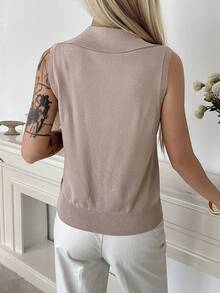 DAZY Damen Einfarbiges figurbetontes Ärmelloses Lässig Urlaubs Strick Top mit Kragen für Frühling/Sommer - Khaki - Übersicht 7