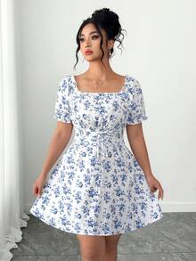 SHEIN PETITE CURVE 大码女式碎花浪漫连衣裙，时尚百搭，适合约会、日常穿着和通勤，春夏款 - 彩色 - 查看 3