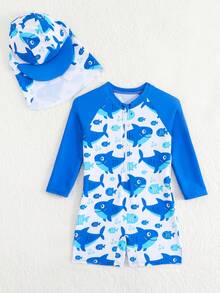 SHEIN Nuevo conjunto de 2 piezas de traje de baño de una sola pieza con estampado digital de animales marinos lindos y gorra de protección solar a juego para bebés/niños pequeños, para playa/vacaciones - Azul - Ver 7