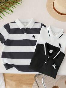 SHEIN 3pcs Young Boy Casual Sports College Print Pattern Polo Shirt, Suitable For Back To School, Daily Wear, Sports, Spring/Summer - Black and White - View 7