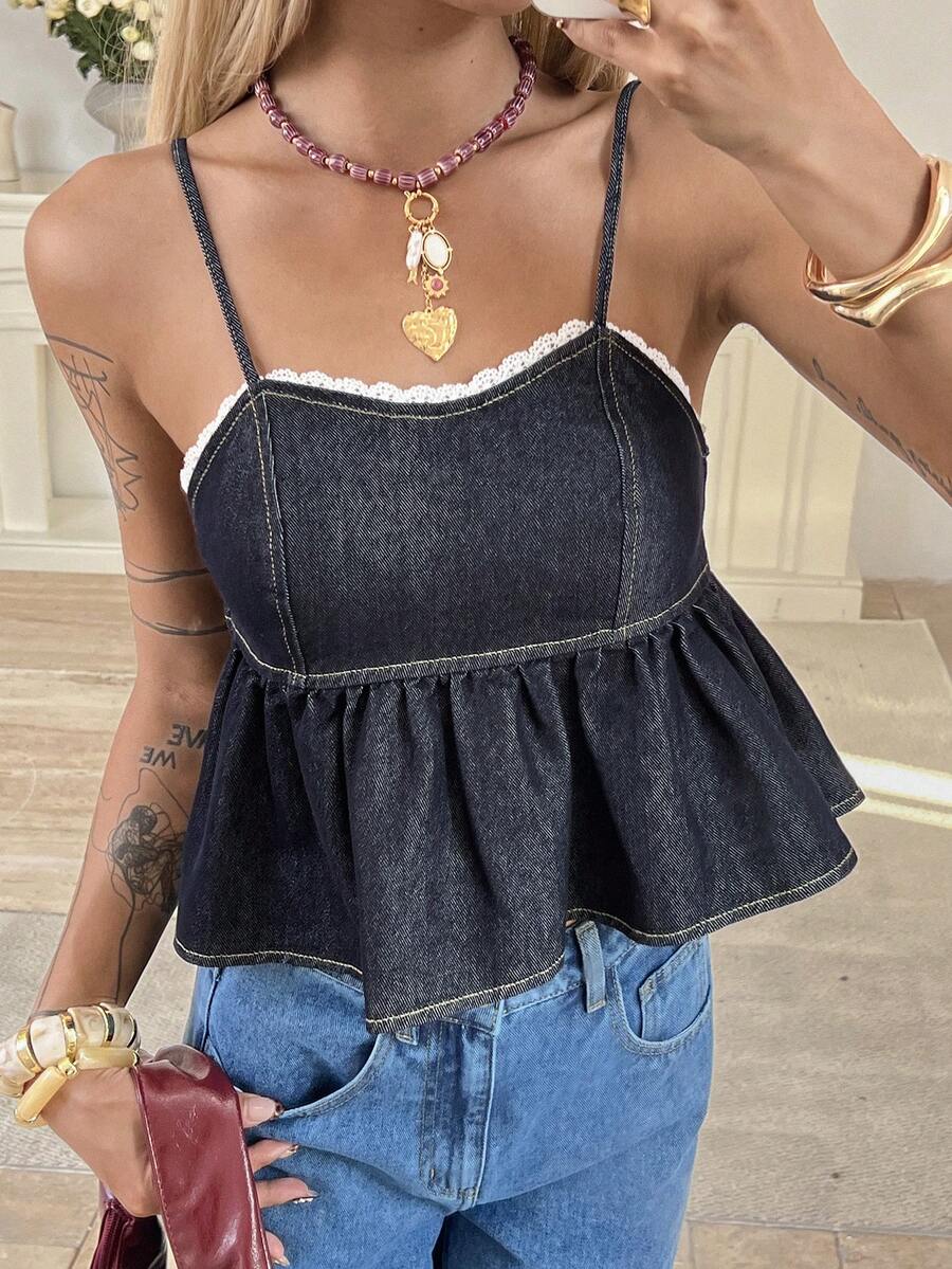 DAZY Women's Denim Camisole Top With Contrast Ruffle Patchwork And Waist Gathering, Casual Denim Blouse - Dark Wash - View 1