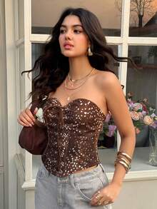 Aidyla 女士梭织数码印花抽绳系带吊带背心，休闲通勤装，春夏款 - 棕色 - 查看 3