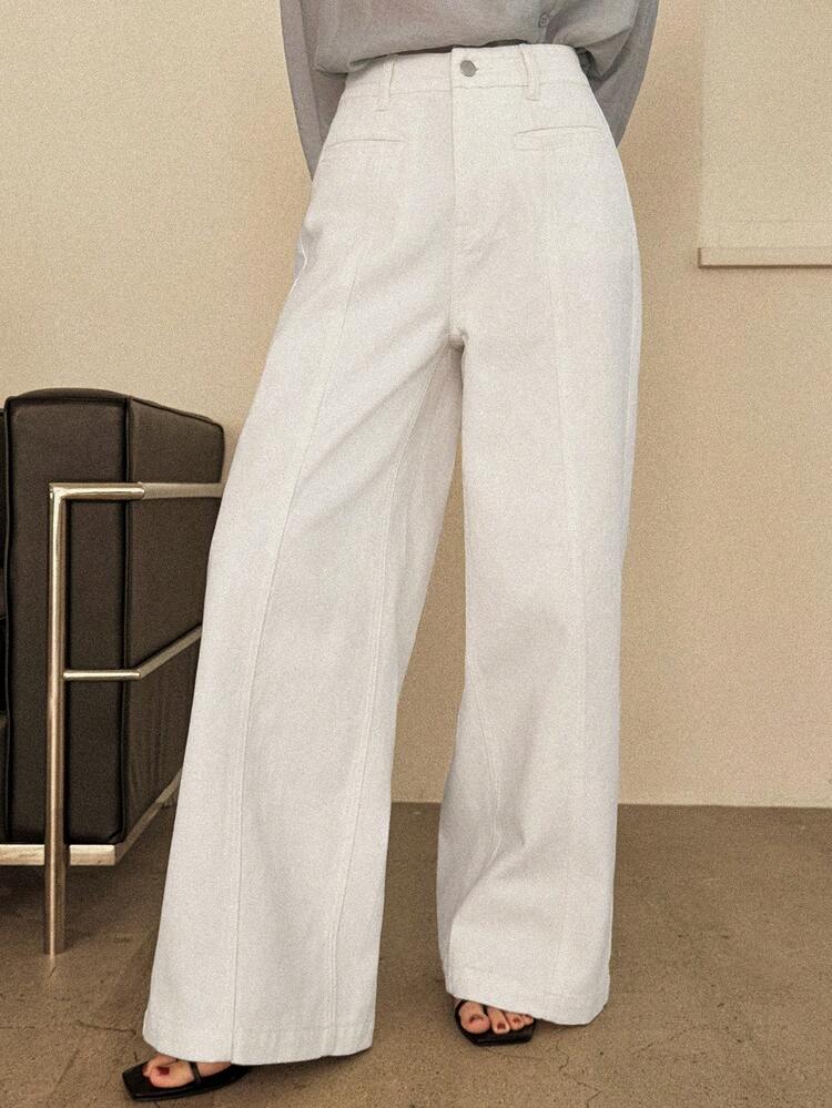 High-Waisted Slimming Wide-Leg Jeans, Minimalist Style Women's White Washed Denim Pants