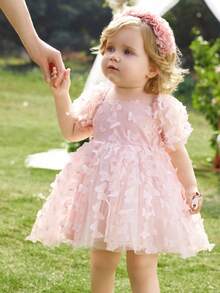 One-Piece Baby Girl 3D Bow Woven Princess Sleeve Dress, Suitable For Parties, Outings, And Other Occasions. Pink Toddler Butterfly Dress Pink Princess Dress Babygirl Princess Puffy Dress Pink Bow Dress Pink Flower Girl Dress Pink Bow Baby Dress Baby Butterfly Dress Pink Baby Dress Pink Butterfly Baby Dress - Pink - View 4
