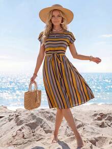 Sylviya Striped Print Belted Dress - Multicolor - View 4