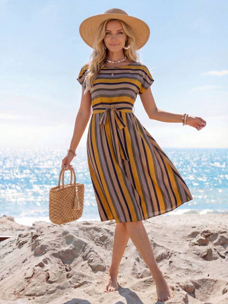 Striped Print Belted Dress