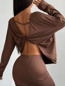 SHEIN EZwear 1件女士棕色纯色落肩长袖扭结后背休闲T恤 - 咖啡棕 - 查看 1