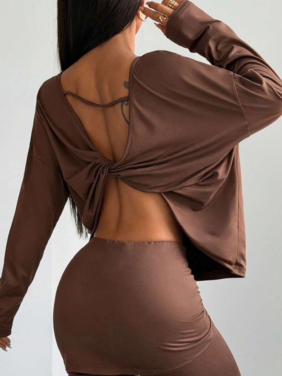SHEIN EZwear 1件女士棕色纯色落肩长袖扭结后背休闲T恤 - 咖啡棕 - 查看 1
