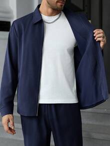 Manfinity Homme Conjunto de chaqueta con cremallera y pantalones largos con cordón en la cintura, unicolor minimalista para uso casual y de oficina para hombres, primavera/otoño - Azul Marino - Ver 7