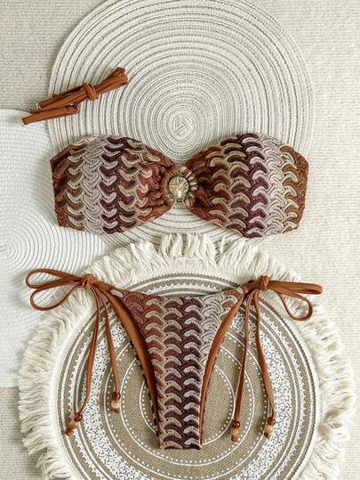 Swim Vcay Women's 2-Piece Beachwear Set, Colorful Hollow-Out Knit Fabric, Gold Starfish Decor, Strapless Crop Top With Tie Back, Beaded Drawstring Bikini Bottoms, Suitable For Swimming Suit