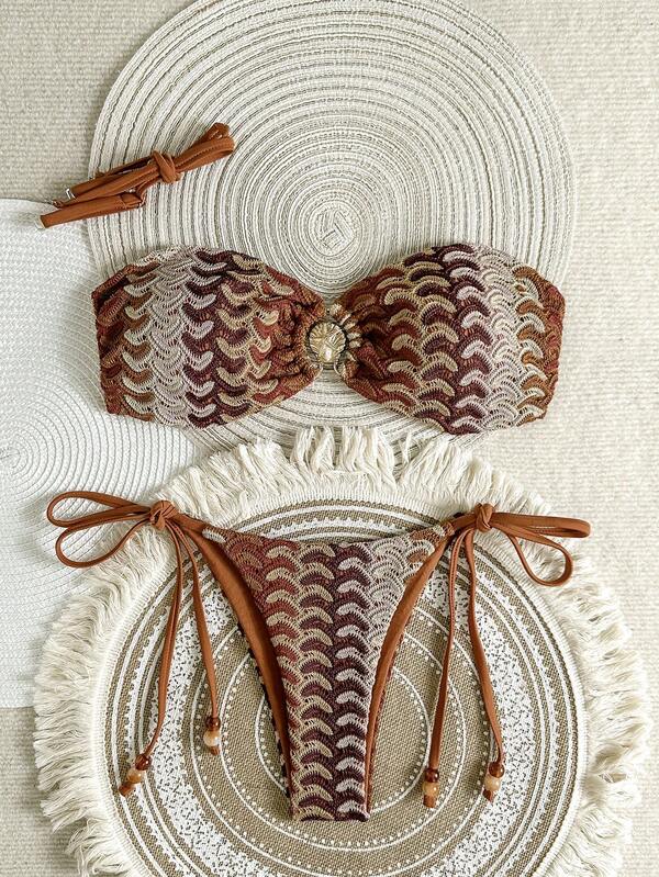 Swim Vcay Women's 2-Piece Beachwear Set, Colorful Hollow-Out Knit Fabric, Gold Starfish Decor, Strapless Crop Top With Tie Back, Beaded Drawstring Bikini Bottoms, Suitable For Swimming Suit