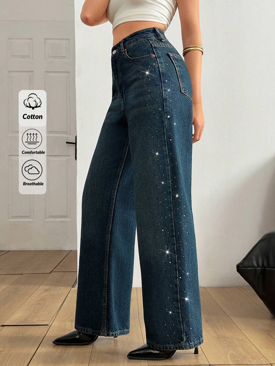 EURMUSE Casual Washed Rhinestone Embellished High Waist Straight Leg Jeans - Medium Wash - View 1