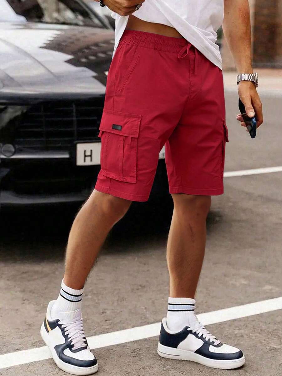 Manfinity Homme Men's Loose Fit Drawstring Waist Flip Pocket Cargo Shorts Red Summer Outfits For Men Streetwear Men Shorts Men Cargo Short Pants Men's Red Jogger Shorts Red Shorts For Men - Red - View 1