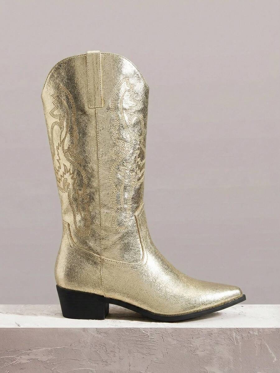 Daringsoles 女士中筒靴,波西米亚西部音乐节风格,适合派对、圣诞节、万圣节装扮 - 金色 - 查看 1