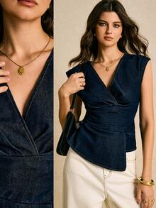 Poéselle Women's Casual Asymmetric Hem Denim Blouse, Summer Dark Blue Top Peplum Top Women Wrap Tops For Women Navy Blue Top Women Denim Top Women  Valentine's Day - Dark Wash - View 1