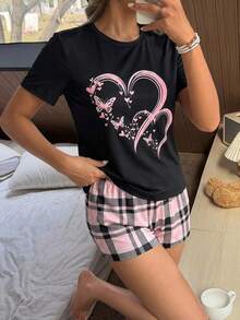 2pcs/Set Girls Pink And Black Summer Casual Heart Butterfly Print Short Sleeve Top,Pink Plaid Shorts,Loose Comfy Big Kids Sleepwear Homewear,Pe - Multicolor - View 6