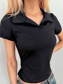 Sydney Algeri Women's Plain Collar Short Sleeve Casual Pleated T-Shirt - Black - View 6