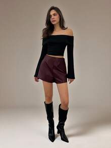 SHEIN Tall Pantaloni scurți pentru femei, vintage, vișiniu, sexy, din piele PU, mini pantaloni scurți pentru petrecere, Halloween, Crăciun, Ziua Recunoștinței, birou, pantaloni scurți eleganți - Burgundia - Vizualizare 4