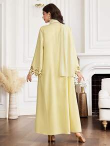 Al Najma Women's Floral Hollow Design Long Sleeve Elegant Abaya - Yellow - View 2