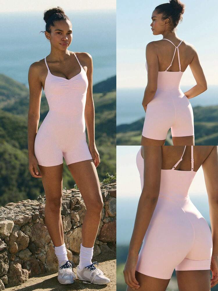 4.3" FeatherFit™ Crush Mode Buttery-Soft Stretchy Sweat-Wicking Adjustable Straps Removable Cups Gathered Bust Romper Low Impact Daily Casual Wear