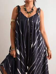 Freevana Bohemian Black Line Floral Print V-Neck Maxi Jumpsuit, Loose Wide Leg Vacation Style Romper, Slimming Drape Casual Jumpsuit, Summer - Black - View 7