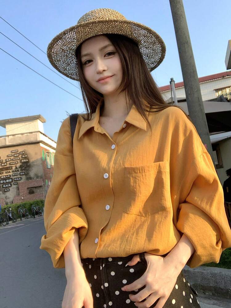 Women's Solid Color Minimalist Long Sleeve Shirt, Casual Everyday Wear