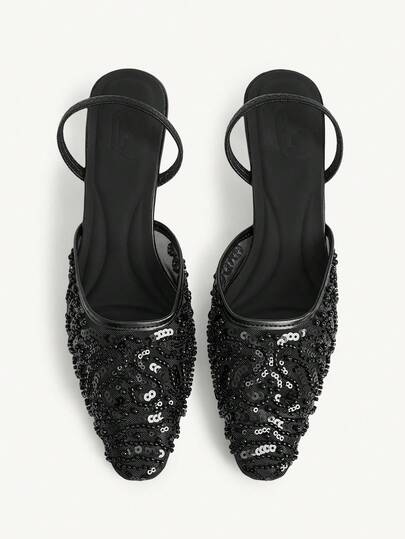 CUCCOO CHICEST New Stylish Elegant Black Embroidered Mesh Beaded Square Toe Mid-Heel Ankle Strap Pumps For Women