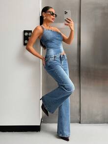 SHEIN 100% Cotton Women's Denim Two Pieces Outfits - Medium Wash - View 4