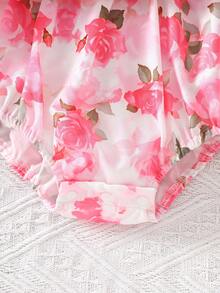 1 Piece Baby Girl Floral-Print Sweet-Style Short-Sleeve Ruffled Square-Neck Bodysuit Lightweight Breathable Bow-Accented Flowy One-Piece Outfit For Daily Wear & Cute Photo Sessions Spring & Summer Fashion Ensemble - Multicolor - View 4