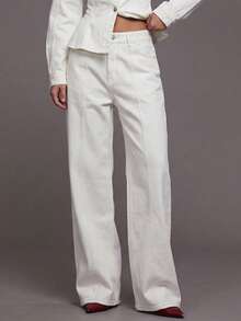 MUSERA Wide Leg Double Stitch Seam Front Dark Wash Denim Jeans Bottoms Only Winter Night Out Going Out Streetwear Cute Back To School Sexy Uncut Chic - White - View 3