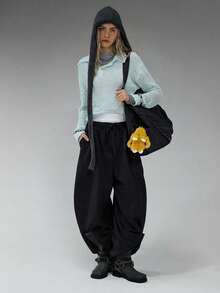 COUREZ Pantalones de chándal holgados y abombados de tiro bajo / Ropa de invierno Y2K para mujer Pantalones anchos Pantalones de chándal para mujer Conjuntos de verano para mujer - Negro - Ver 7