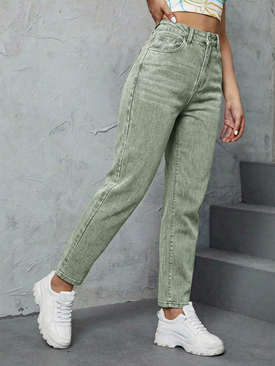SHEIN ICON 女士直筒休闲百搭牛仔裤,带口袋 - 綠色 - 查看 1