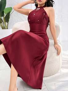 Modelyn Women's Elegant Burgundy Halter Neck Midi Dress,Summer Party Rhinestone Bow Decor Solid Color Pleated Dress - Burgundy - View 1