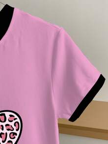 女士休闲豹纹爱心图案撞色滚边圆领短袖T恤，夏季 - 粉色 - 查看 3