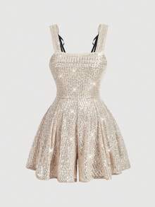 SHEIN MOD Plus Size Women's Apricot Sequin Party Dress Sleeveless Short & Sparkly Fit-And-Flare Design Silver Sequin Jumpsuit,Spring/Summer - Silver - View 3