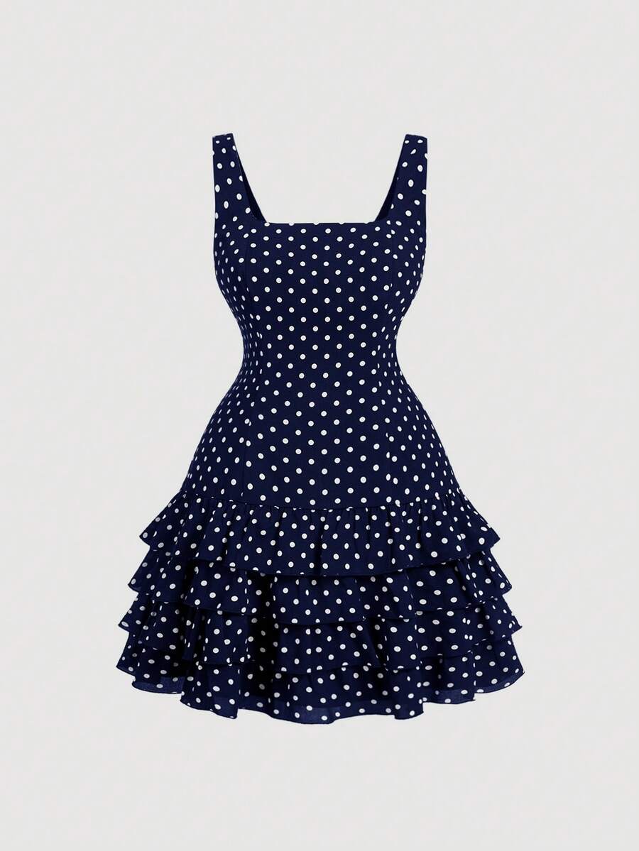 SHEIN MOD 大码波点可爱蛋糕荷叶边下摆露脐吊带裙 - 藍色 - 查看 1